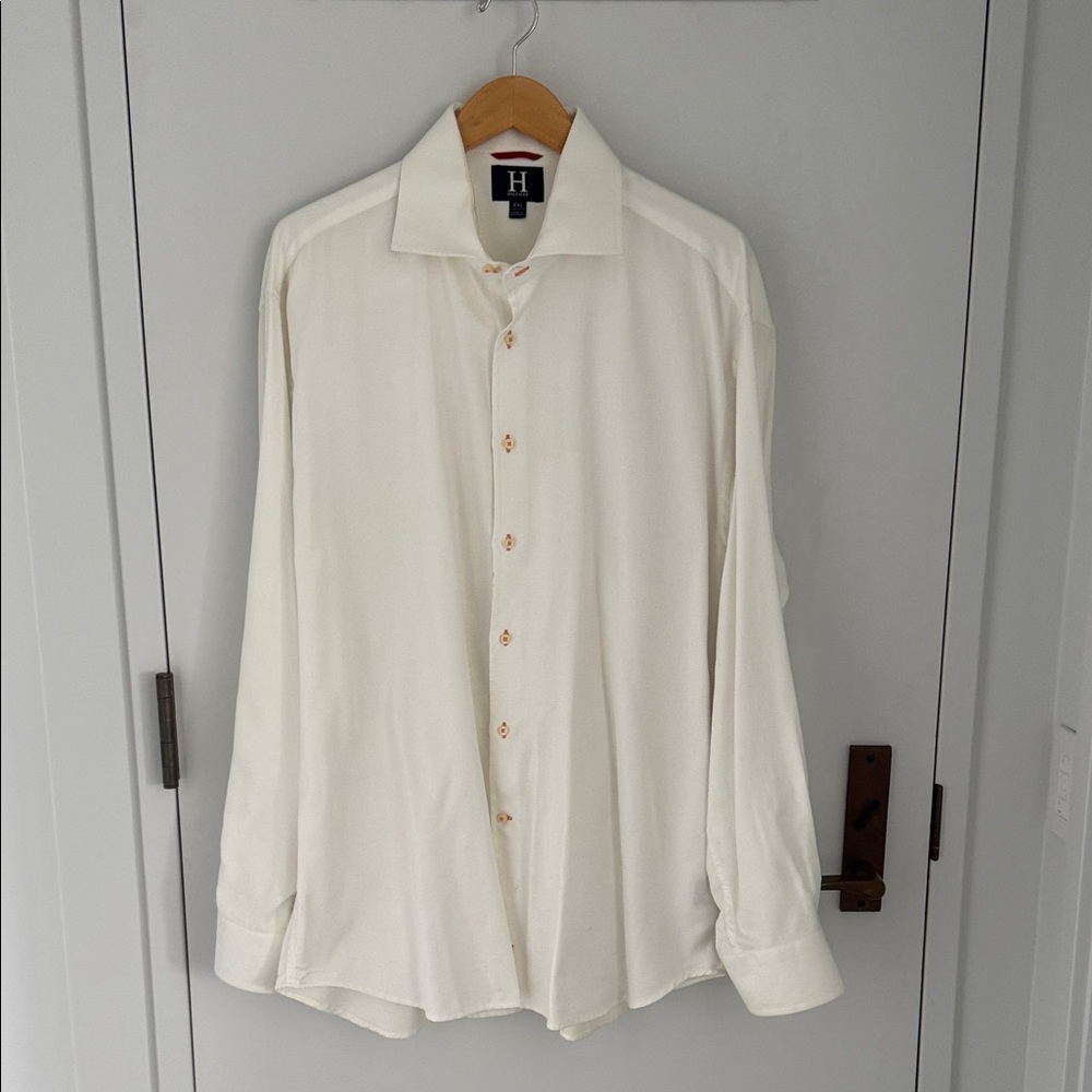 Vintage H Hilfiger Classic White Dress Shirt with Orange Stitch Detailing